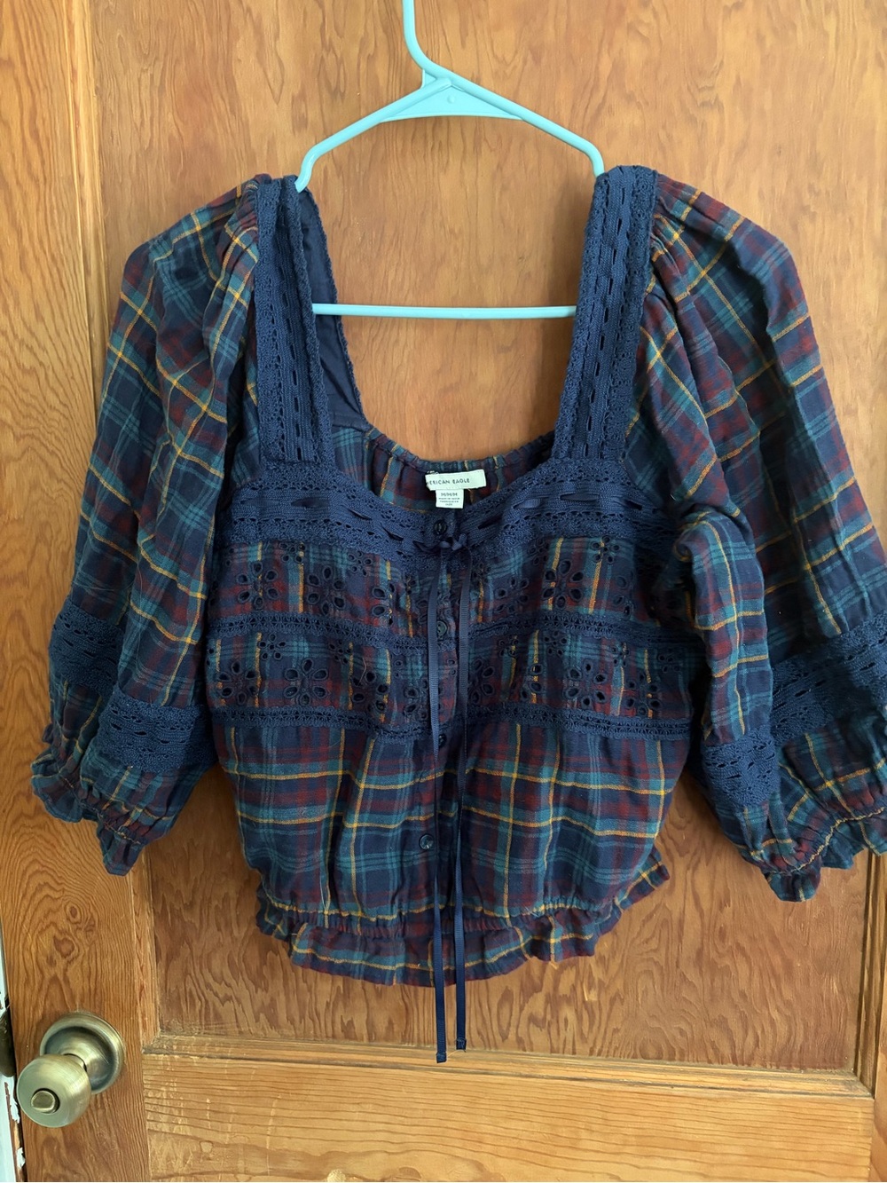 American Eagle Outfitters Navy and Burgundy Plaid Eyelet Peasant Blouse
